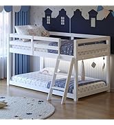 Vantic Low Bunk Bed with Guardrail and LED Light, Floor Toddler Bunk Bed Twin Over Twin with Wide...