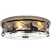 16 Inch Farmhouse Flush Mount Ceiling Light with Seeded Glass, 3-Light Wood Grain Round Ceiling L...