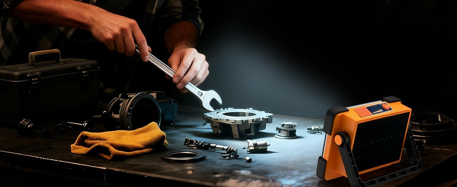 Mechanic repairing machinery parts on workbench lit by cordless LED work light