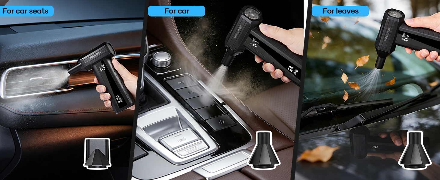 Use the VELLROX Mini Blower to blast dust from vents, leaving your car spotless