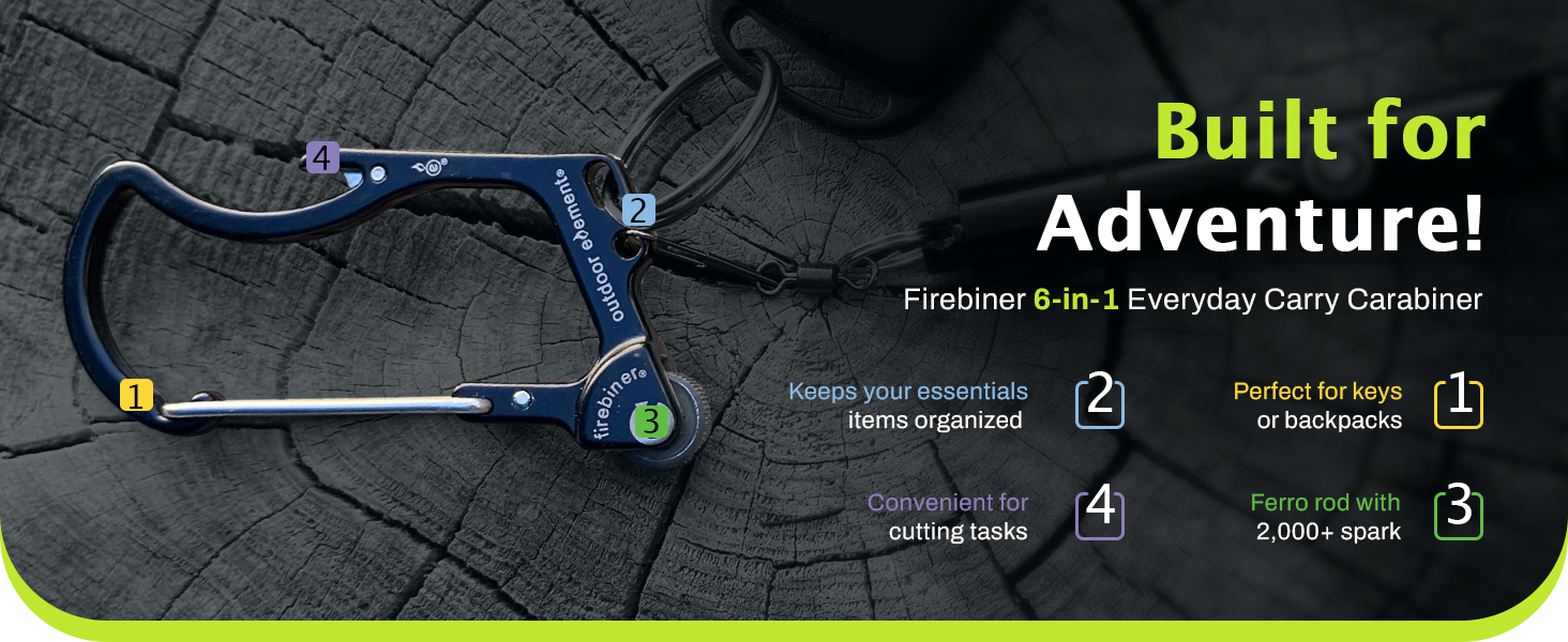 fire starter carabiner, bottle opener, every day carry carbiner, keychain holder