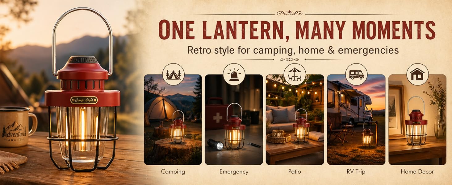 Portable metal lantern for camping, RV living, patio dining, home decor and emergency power outage.