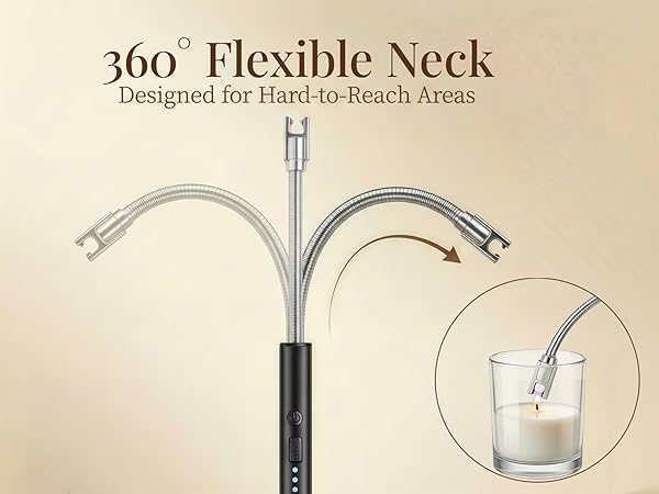 Electric candle lighter with 360° flexible neck reaching deep jar candle safely