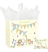 13" Large Baby Boy Gift Bag for Baby Shower with Tissue Paper and Greeting Card Watercolor Animal...