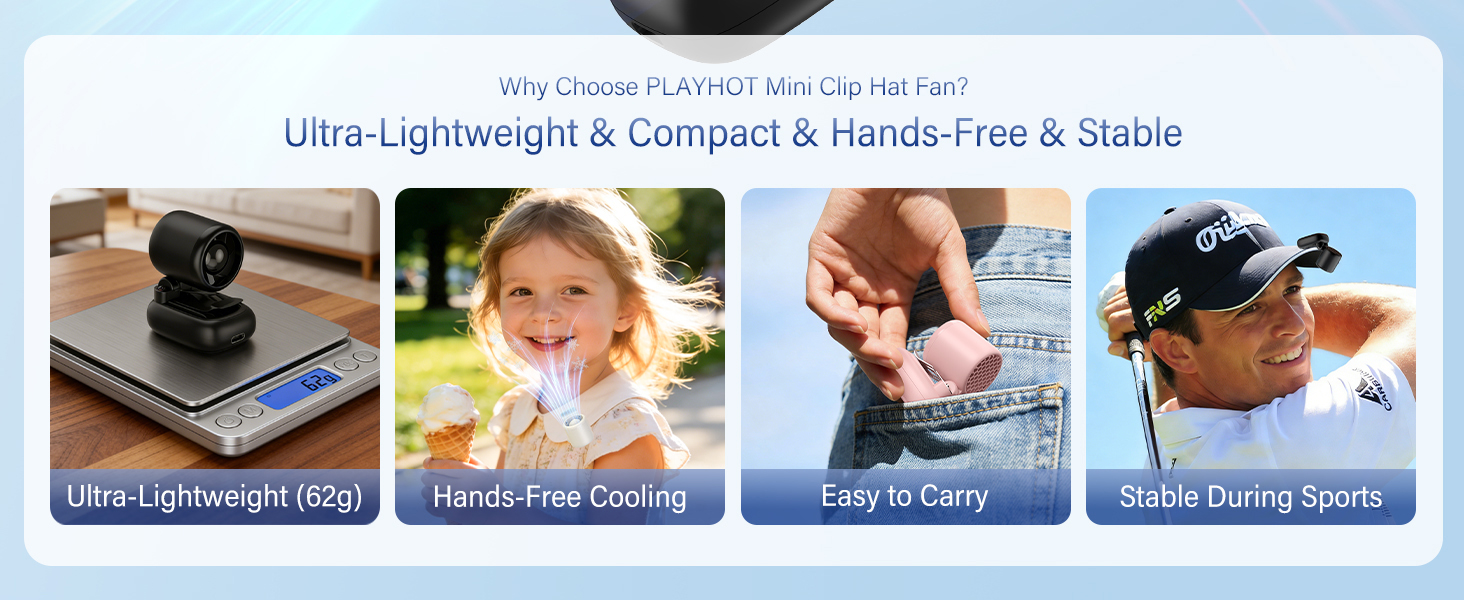 PLAYHOT mini clip-on hat fan 62g ultra-lightweight hands-free cooling for outdoor sports and travel