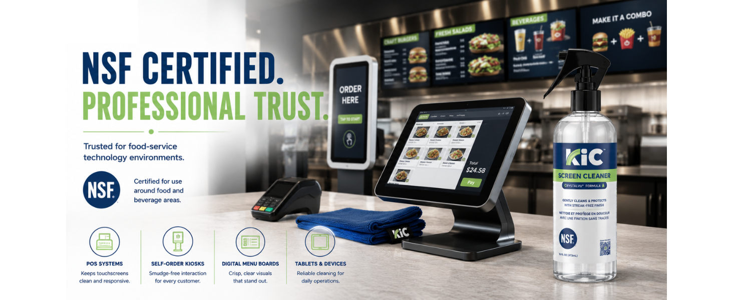 KiC Screen Cleaner shown in a professional food-service environment beside POS systems