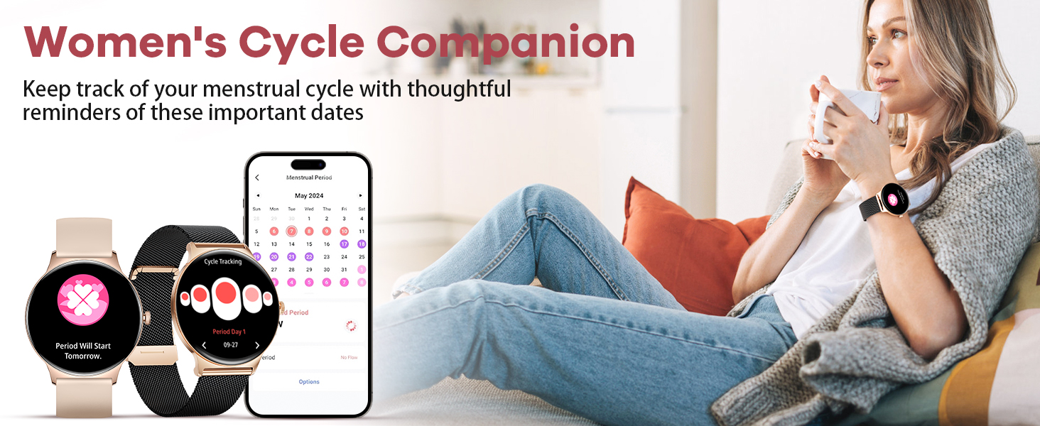 Women's cycle tracking app interface shown on smartphone and smartwatch displays, with menstrual calendar and health monitoring features visible.