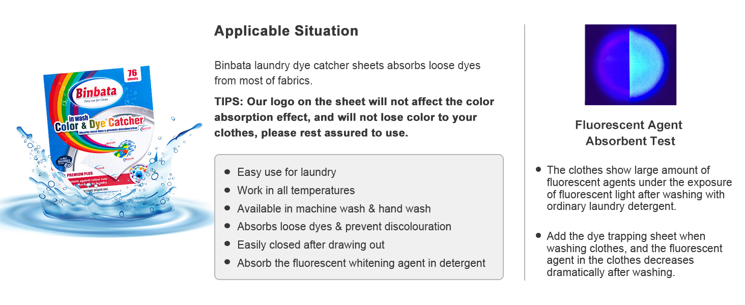 The fluorescent agent in the clothes decreases dramatically after washing with Binbata.