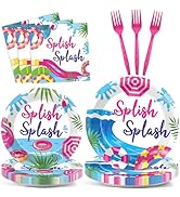 CHUNNIN 96Pcs Pink Splish Splash Plates and Napkins Summer Pool Birthday Party Decorations Splish...