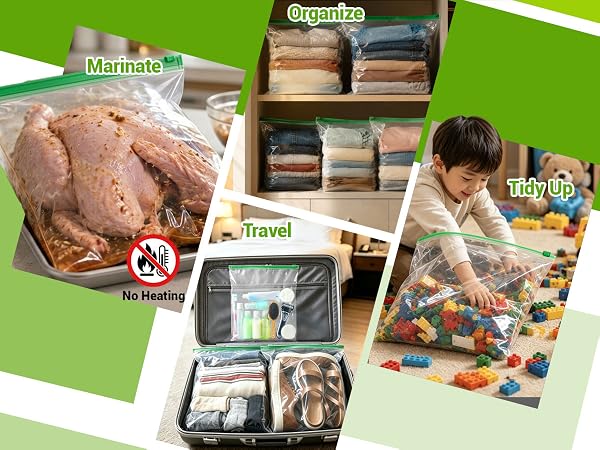 Xsourcer bags: marinate, organize, travel, tidy, no heat.