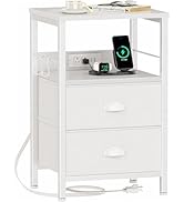 Furologee End Table with Charging Station, Nightstand with Fabric Drawers, Side Tables with USB P...