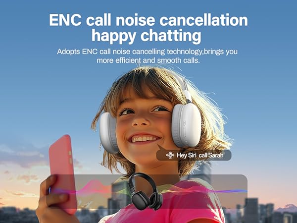 White wireless headphones with ENC noise cancellation technology advertised against blue sky background.