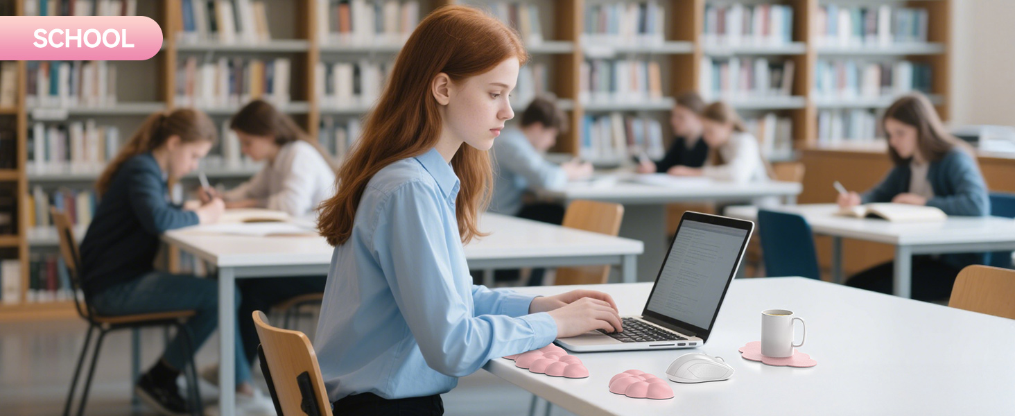 Student using laptop in library. White table with coffee cup and pink stationery. Other students visible studying in background among bookshelves.