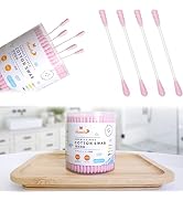 HOMEFOX Pink Cotton Swabs Spiral - 200 Count Organic Cotton Buds Double Side Tightly Wrapped Cott...