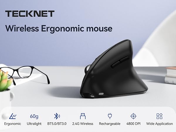 Text reads 'TECKNET Wireless Ergonomic mouse' with product features shown: Ergonomic, Ultralight, BT5.0/BT3.0, 2.4G Wireless, Rechargeable, 4000 DPI, Wide Application icons.