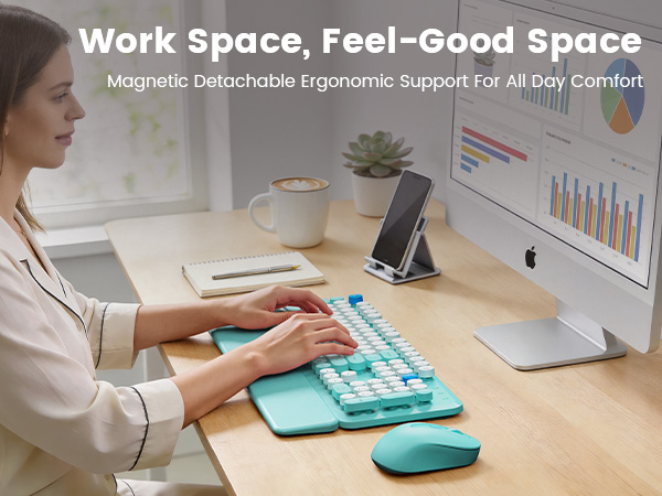 Woman typing on tiffany blue wireless keyboard mouse combo with wrist rest on tidy desk
