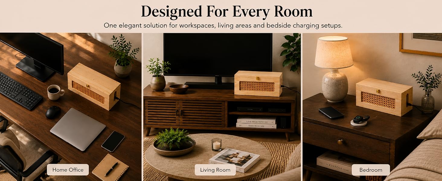 Wooden cable management box used in living room, home office and bedroom