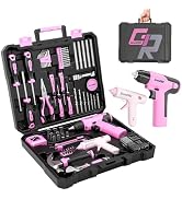 GRENPRO 188PCS Drill Set and Hot Glue Gun, Home Tool Set with Pink Cordless Drill, Tool Box, Hand...