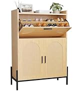 yoopin Shoe Cabinet Storage for Entryway, Narrow Wooden Shoe Organizer with Flip Drawer and Lower...
