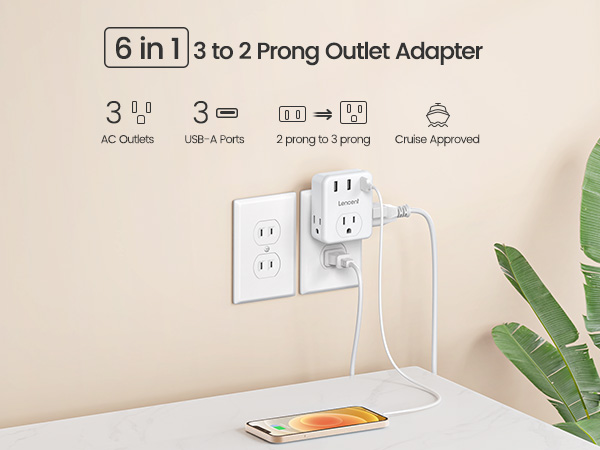 6 in 1 3 to 2 Prong Outlet Adapter