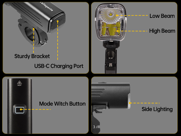 Bicycle light with USB-C charging, sturdy bracket, low/high beam modes, side lighting, and mode switch button. Features multiple panels showing different angles and components.