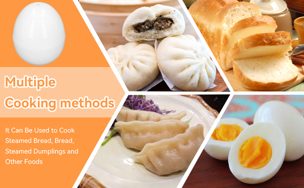 Collage showing various cooked foods including steamed dumplings, bread, and eggs with text indicating multiple cooking methods
