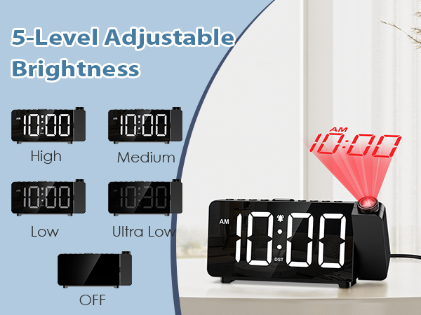 Projection Alarm Clocks for Bedrooms, Large LED Display Digital Clock with 180° Rotatable Projector