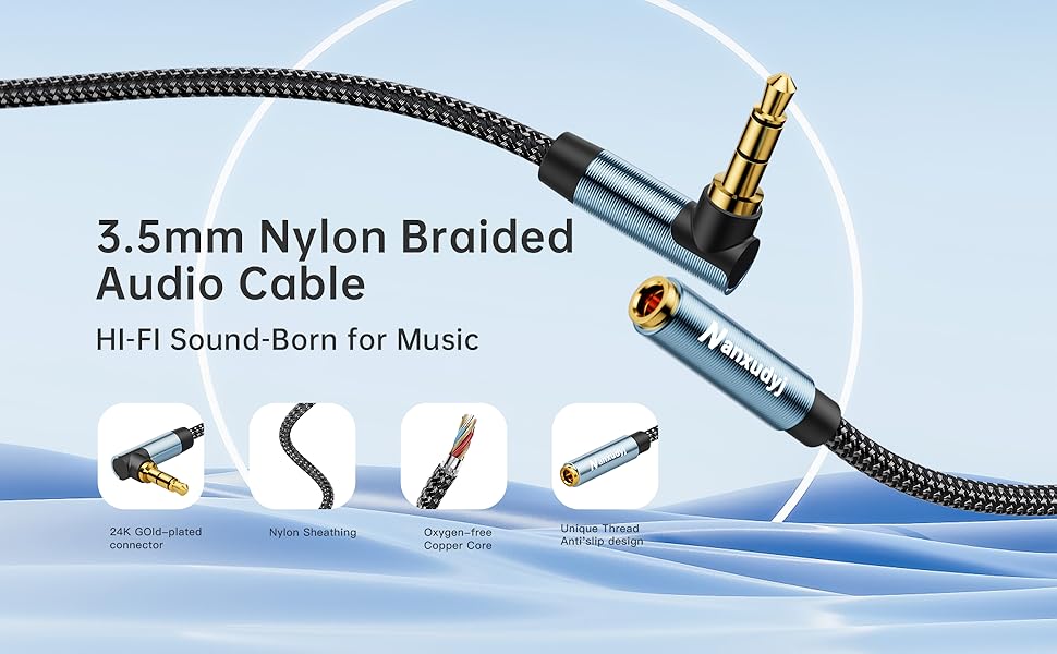 Hi-Fi sound 3.5mm aux extender with oxygen-free copper core and 24k gold-plated connectors