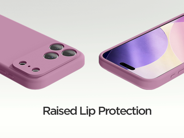 Text reads 'Raised Lip Protection'. Multiple views of a pink/purple phone case showing raised edges around camera and screen, demonstrating protective design features.