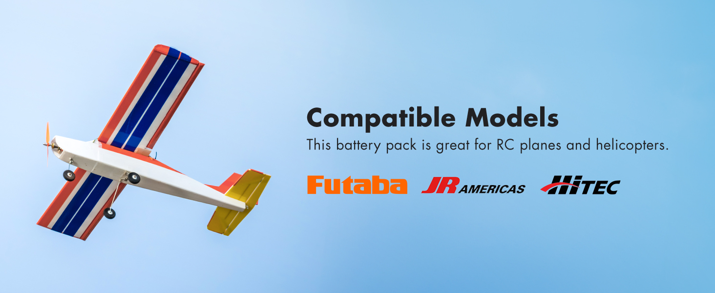 This battery pack is compatible with RC planes and helicopters from Futaba, JR Americas, and Hitec