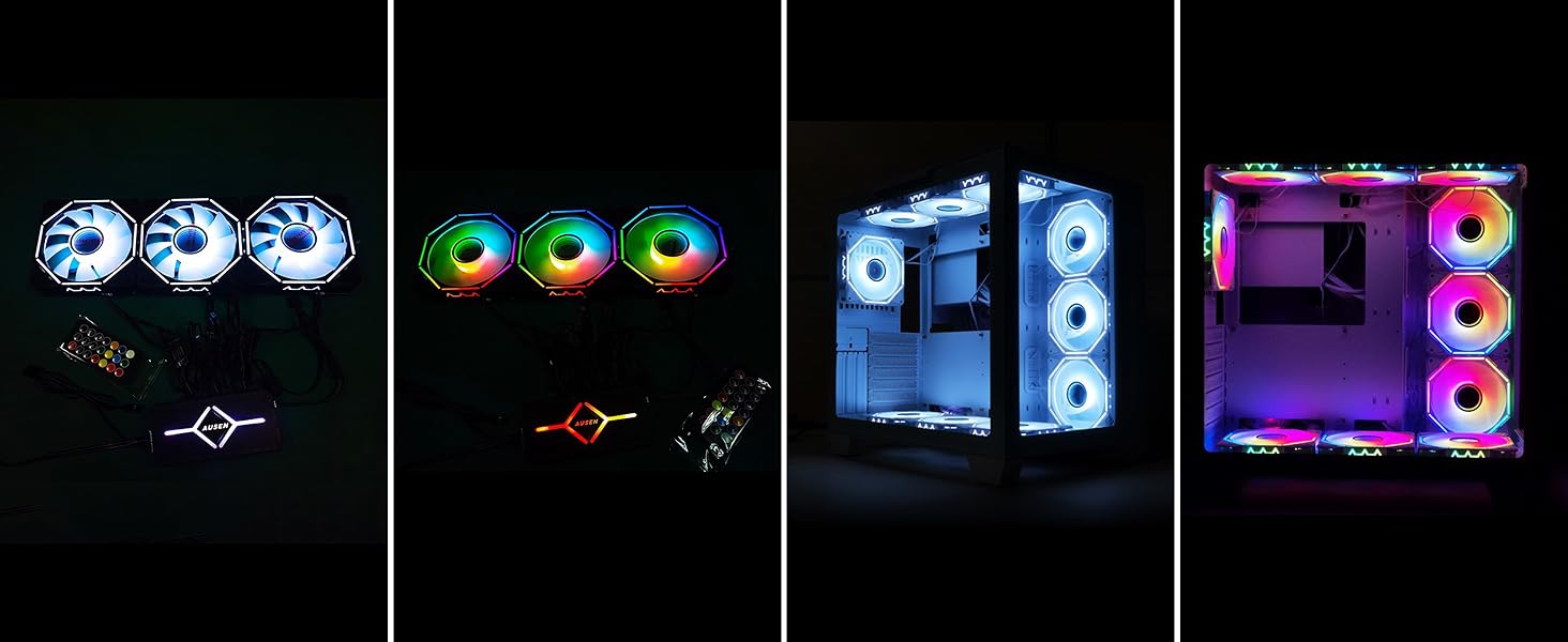 Computer cooling fan display showing multiple RGB lighting modes, transitioning from white to colorful rainbow effects in four sequential frames.