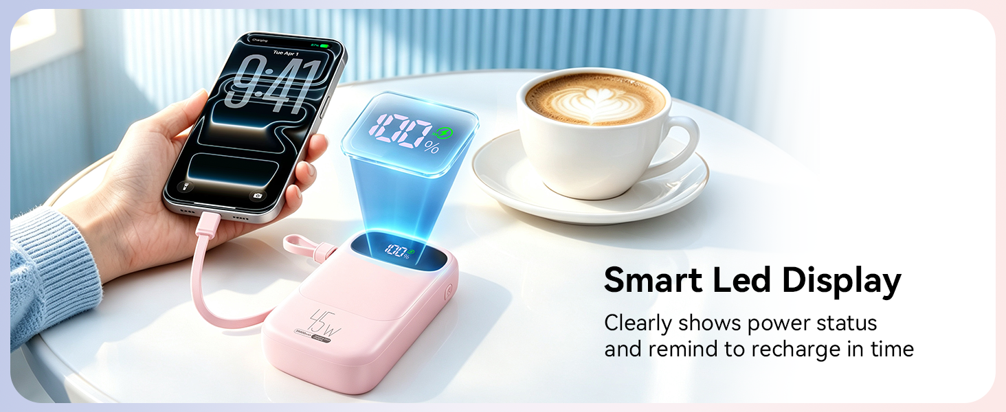 Portable charger with digital LED display showing real-time battery percentage