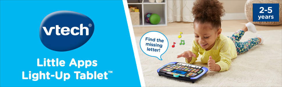 Little Apps Light-Up Tablet by VTech for kids 2-5 years. Talk bubble says “Find the missing letter!”