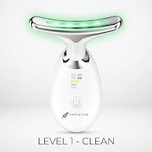 LED skincare device glowing green, labeled Level 1 Clean mode