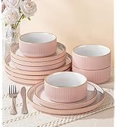 GBHOME Stoneware Dinnerware Sets for 4, 12 Pieces Ceramic Ribbed Plates and Bowls Set, Reactive G...