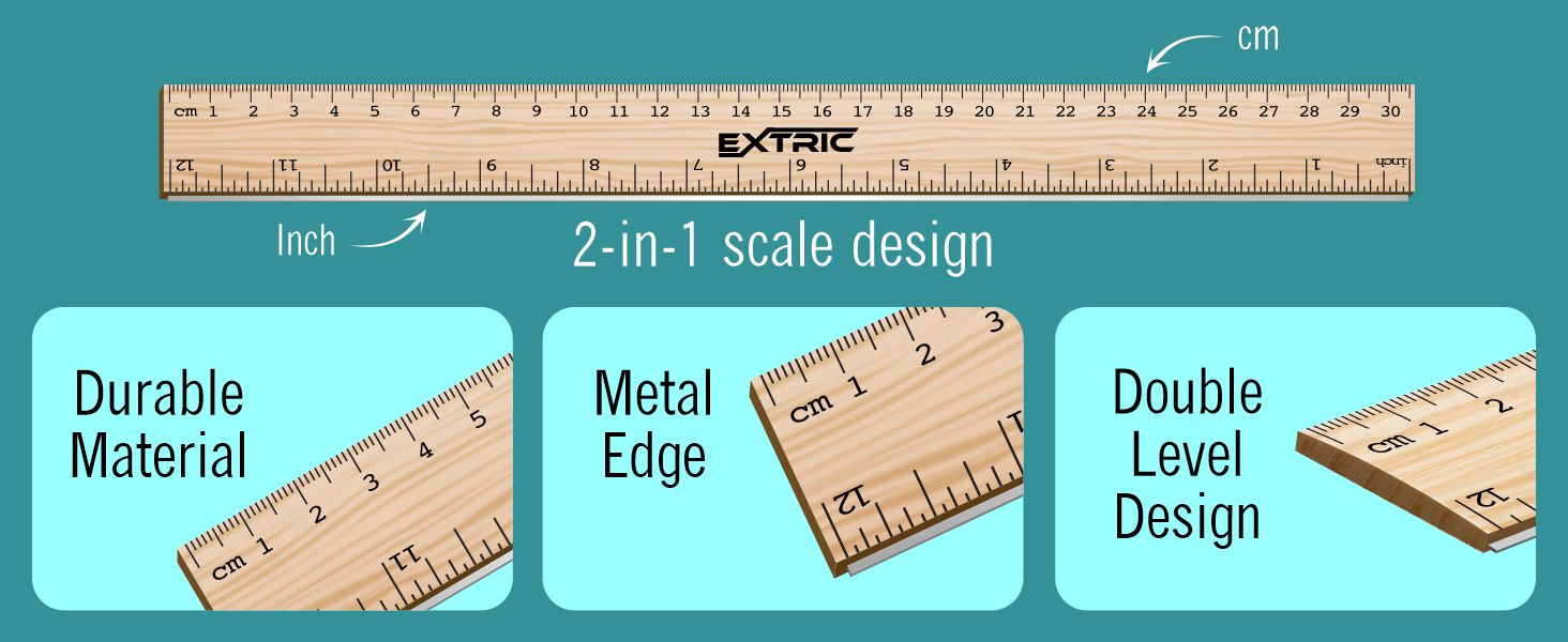 Rulers 12 Inch, Wood Ruler with Metal Edge Greta for School, Classroom, Home, and Office