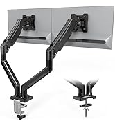 Dual monitor mounting arm system with articulating joints, clamp base attachment, and adjustable height mechanisms shown in side and front views.