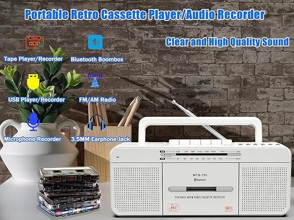Cassette Tape Player Recorder bluetooth usb white