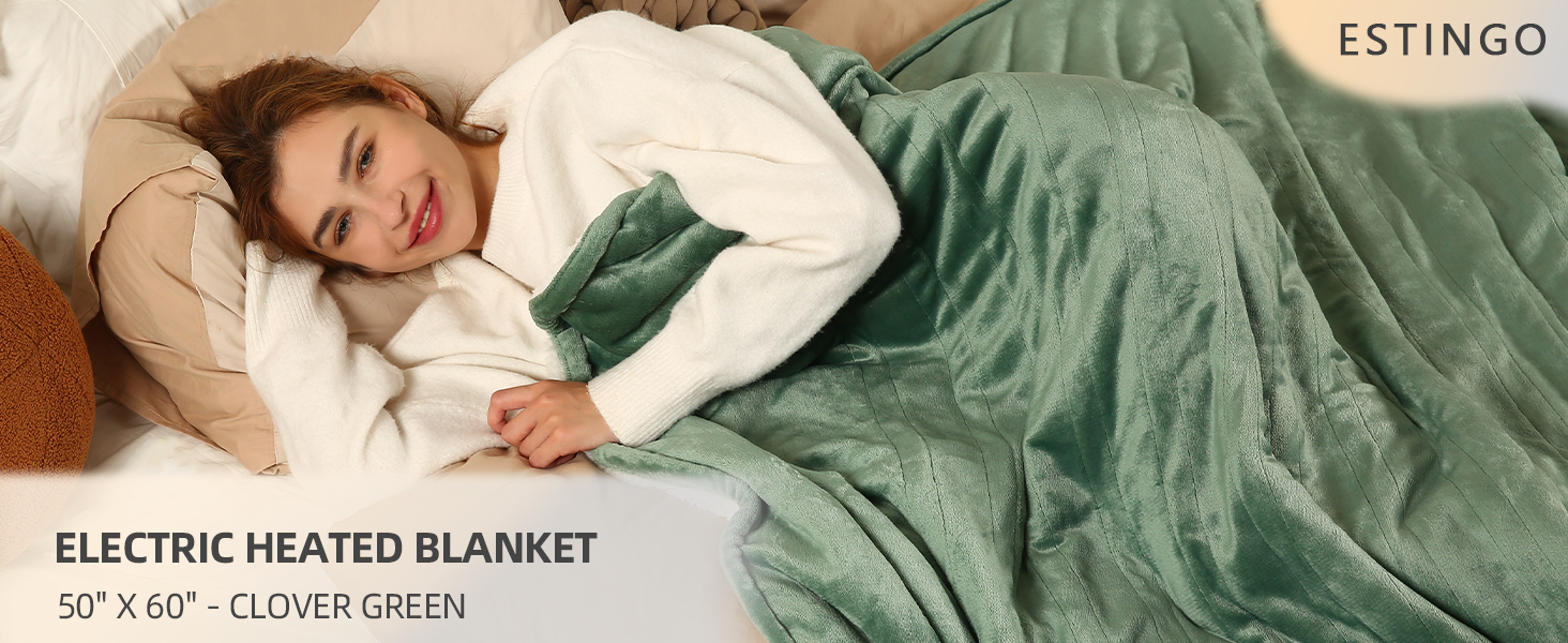ESTINGO ELECTRIC HEATED BLANKET 50" X 60" - CLOVER GREEN, heated throw blanket