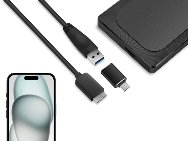 Tech accessories including a black USB cable with multiple connectors, a black external hard drive or SSD, and a partial view of a smartphone screen.