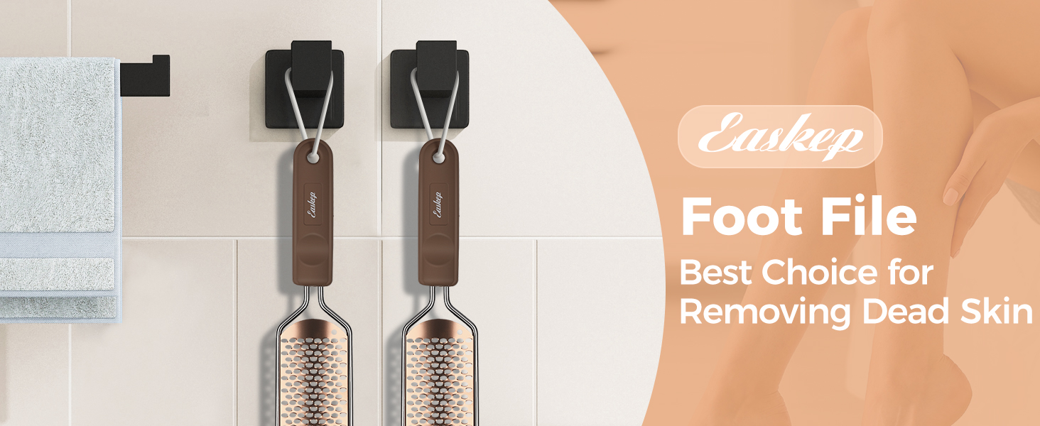 Two foot file tools with brown handles and metal grating surfaces, advertised for removing dead skin.