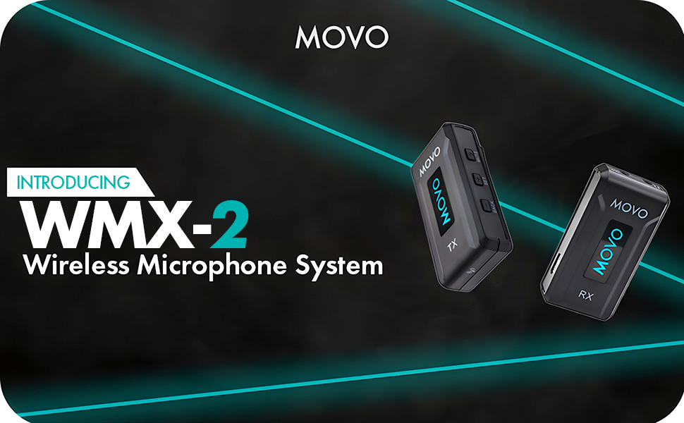 Image that reads introducing Movo WMX-2 Wireless Lavalier Microphone System Floating in space