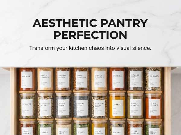 minimalist spice jars laying in spice drawer showcasing wide variety of spices