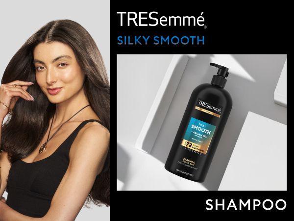Model with long dark smooth hair beside TRESemmé Silky Smooth Shampoo bottle.