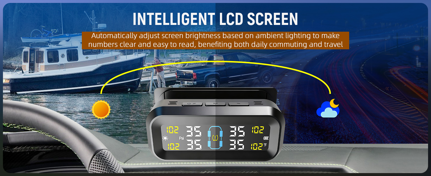 Tire Pressure Monitoring System with Solar &amp;amp; USB Charger-TPMS with 4 External Sensors &amp;amp; 6 Alarm Mode