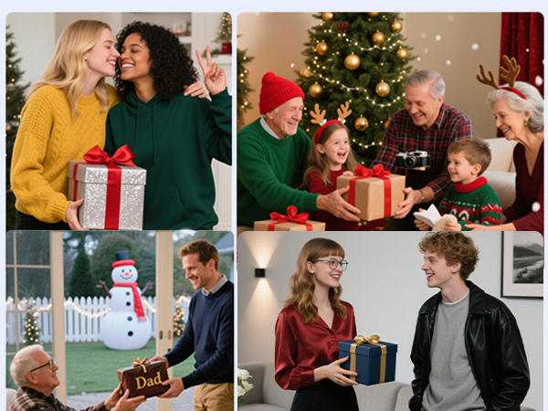 Four-panel collage showing holiday gift-giving scenes: people exchanging presents indoors, outdoor scene with snowman, and indoor conversations with Christmas tree visible.