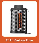 4-inch cylindrical air carbon filter with black mesh housing and orange accents, designed for ventilation systems.