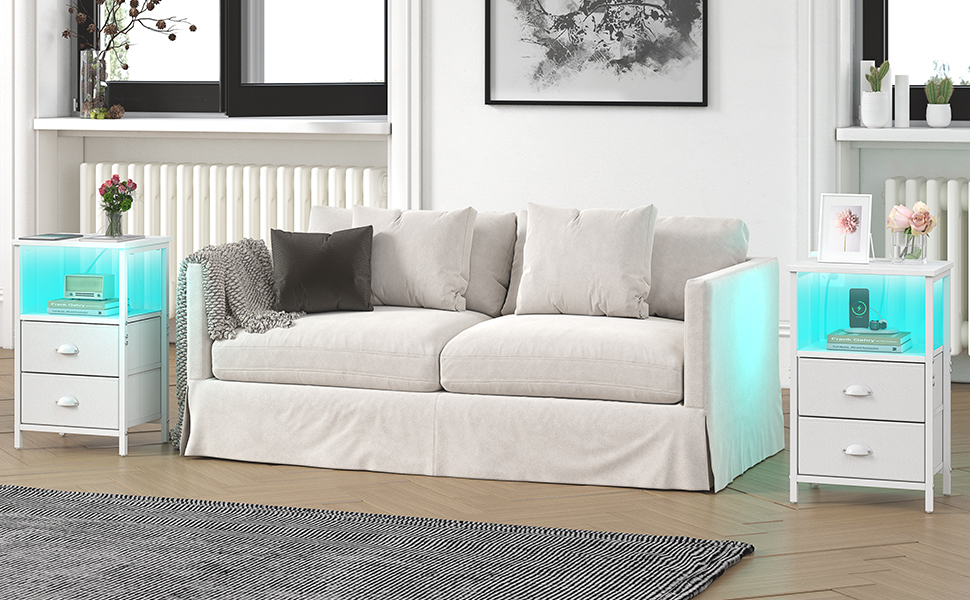 nighstand of set 2,LED nightstand with charging station white nightstand