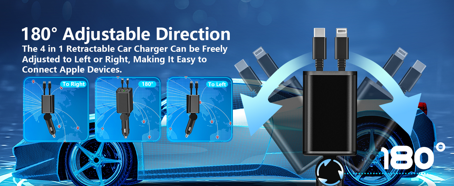 MFi Certified 4 in 1 Retractable Car Charger 120W USB C Car Charger Cigarette Lighter Adapter