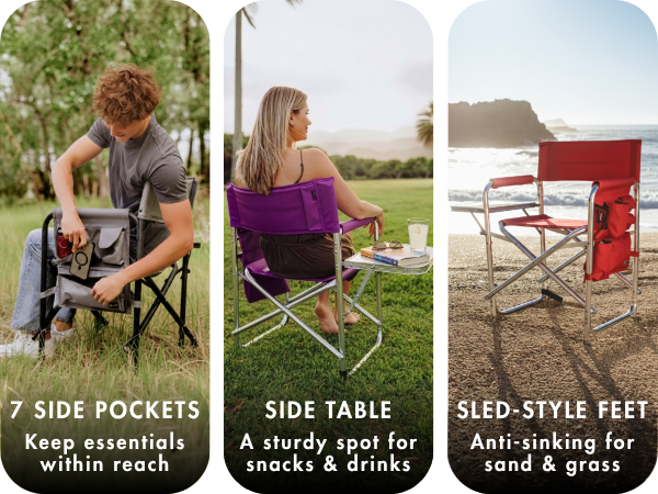 folding beach chair with anti-sinking feet and pockets for phone snacks and drinks on sand